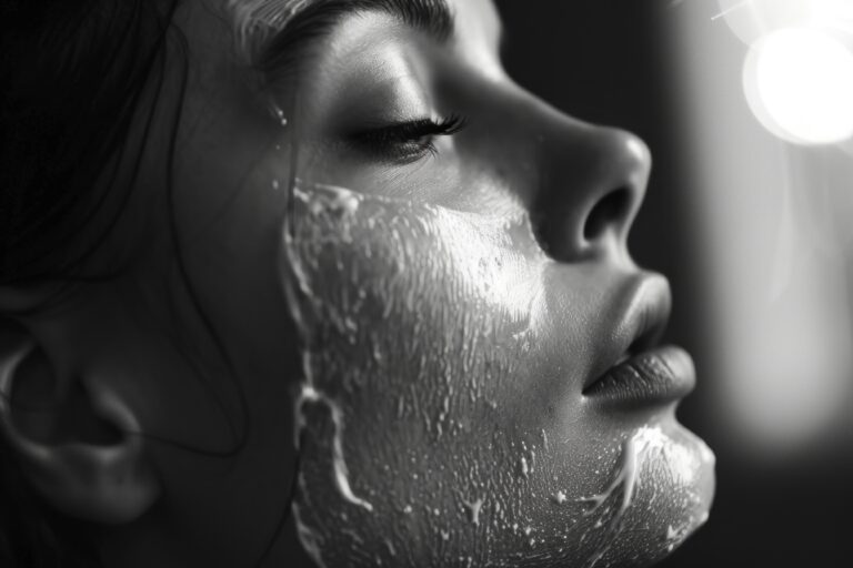 close-up shot, scincare lotions, beautiful face, lotions, sunlight, bokeh, bathroom , black and white photo, --ar 3:2 --style raw --v 6 Job ID: 384ee1ee-e123-43de-95f6-a106c39e8469