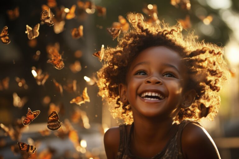 happy African little is Catch butterflies , sunny bright atmosphere light key photo ………………, fashion concept, commercial photography, hyper realistic photograph, , golden hour --chaos 10 --ar 3:2 --stylize 250 --v 5.2 Job ID: b0aee66c-639d-4213-b64a-5a3805dcc189