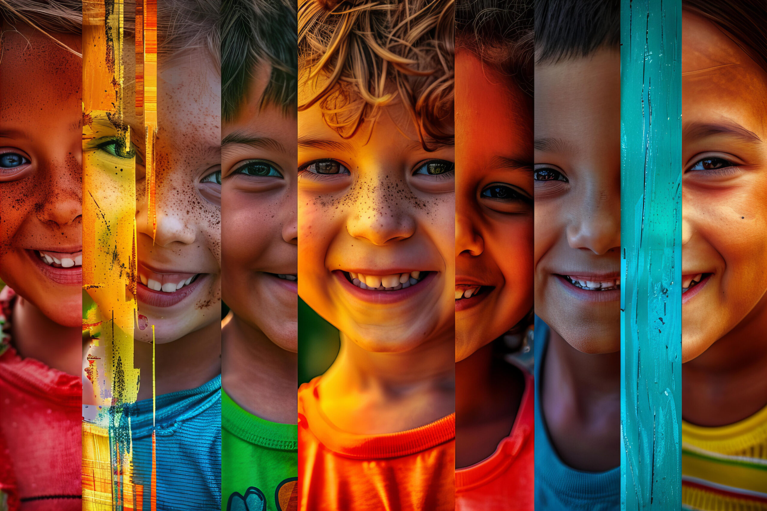 a picture depicts different children smiling in different colors, in the style of digitally manipulated images, intense close ups, rui palha, uhd image, caras ionut, queer academia, authentic expressions, --ar 3:2 --style raw --stylize 150